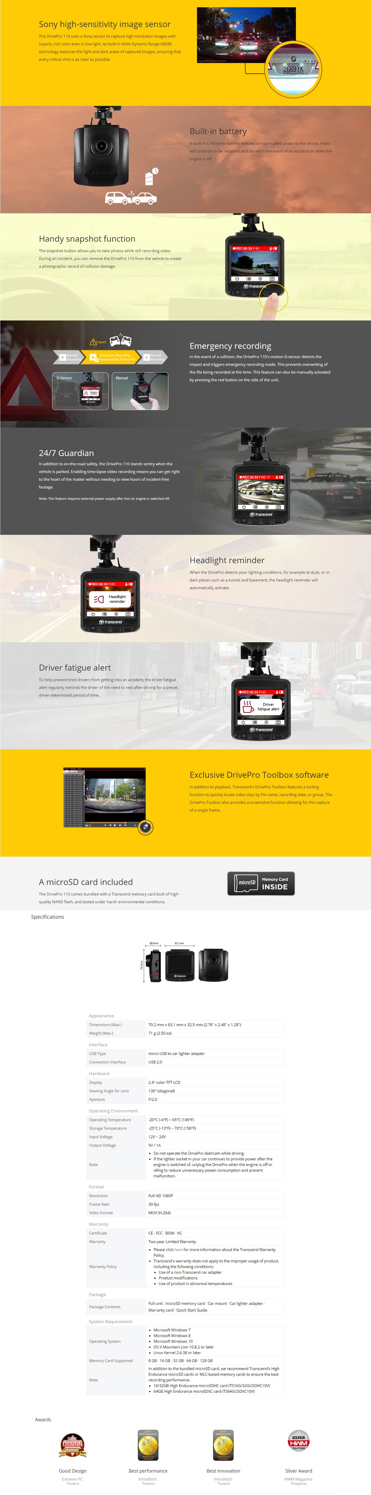 Transcend DrivePro 110 Dashcam with 16GB Storage and 2.4 LCD Display