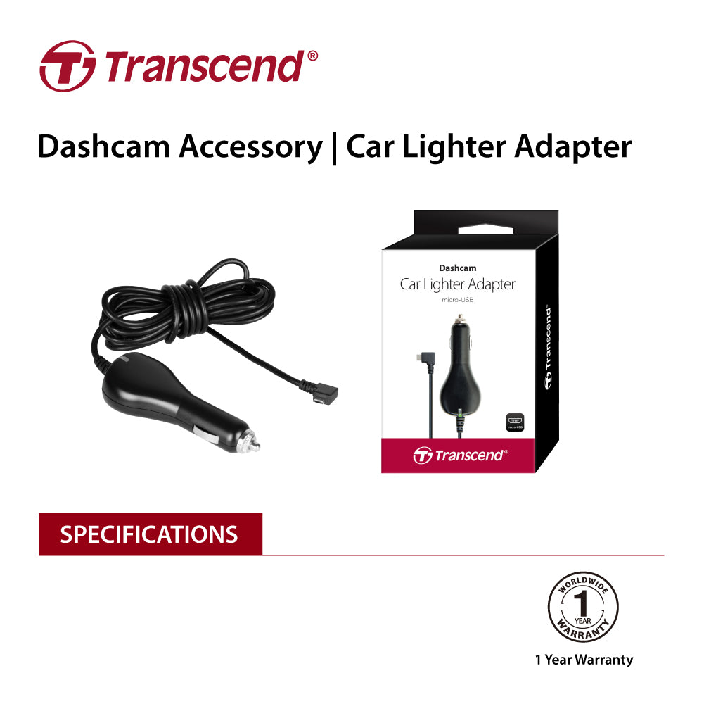 Transcend DrivePro Dashcam Car Lighter Adapter with 4m USB Cable and LED Indicator