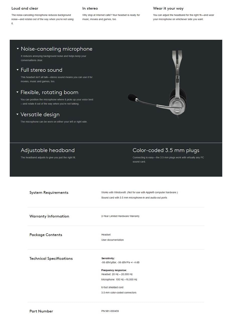 Logitech H110 Noise-Canceling Stereo Headset with Flexible Boom Microphone