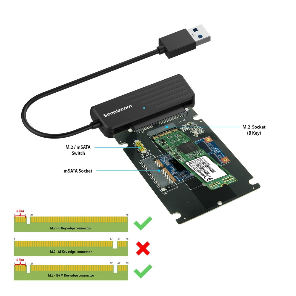 Dual Function USB 3.0 Adapter for mSATA and M.2 SSDs - Simplecom SA225