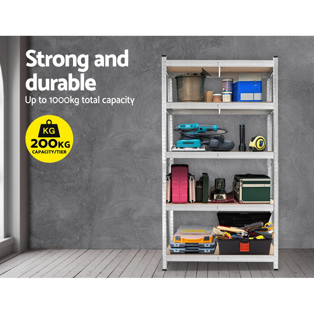 Heavy-Duty 5-Tier Steel Storage Rack - 1.8M Adjustable Garage Shelving Unit - Silver