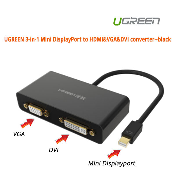 UGREEN 3-in-1 Mini DisplayPort to HDMI, VGA, and DVI Adapter - Black (10440)