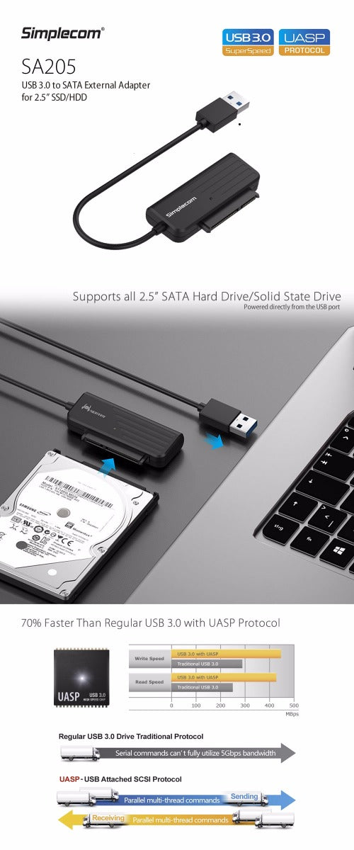 Compact USB 3.0 to SATA Adapter for 2.5 SSD/HDD - Simplecom SA205