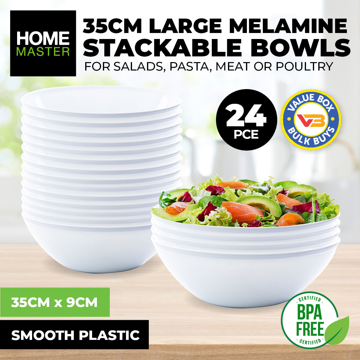 Home Master 24-Piece Stackable Melamine Bowls - Lightweight, Durable, 35cm for Everyday Use