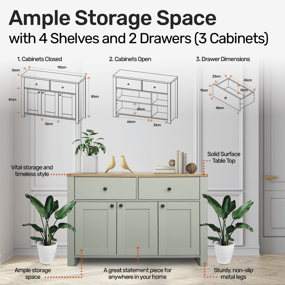 Stylish Winchester Two Tone Sideboard with Ample Storage Space - 110cm