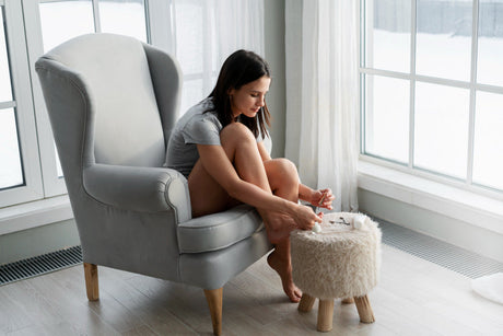"Modern living space featuring an ottoman and footstool used for ergonomic support, promoting leg elevation and improved posture."