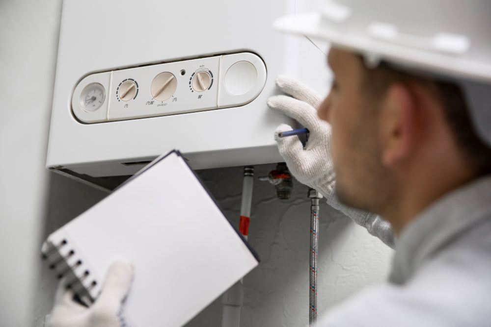 “Modern heat pump water heater installed in a utility room, labeled for energy efficiency and long-term savings compared to traditional electric units.”