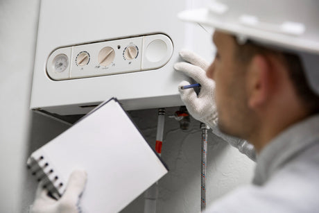 “Modern heat pump water heater installed in a utility room, labeled for energy efficiency and long-term savings compared to traditional electric units.”