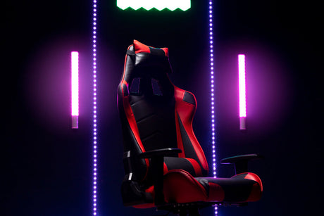"Futuristic gaming chair featuring advanced 2025 innovations like adaptive lumbar support, cooling tech, and motion sync, transforming esports comfort and performance."