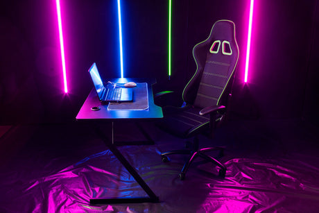 "A lineup of 2025’s top gaming chairs in a showroom, each featuring advanced lumbar support systems, ergonomic designs, and premium materials."