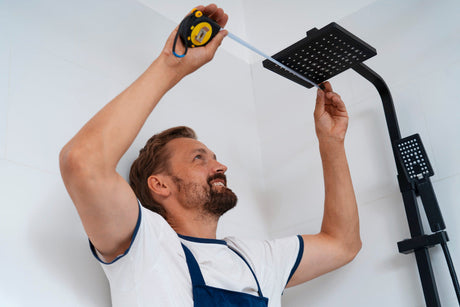 “Person using a wrench to tighten a leaking shower head connection, with plumber’s tape applied to the threads for a secure seal.”