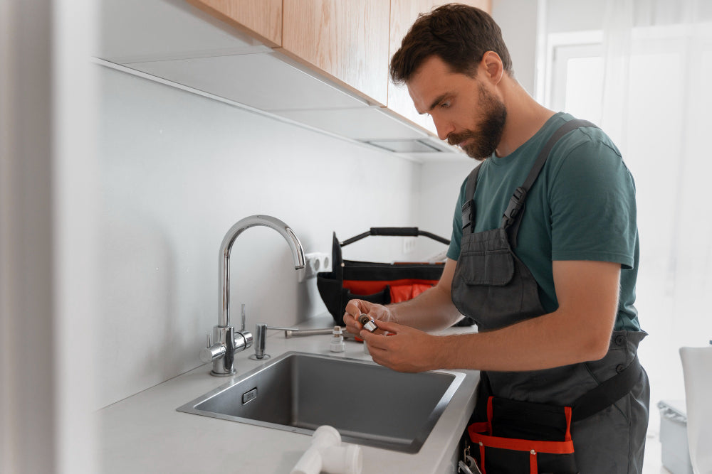 “Person installing a stainless steel kitchen sink into a countertop cutout, connecting the faucet and plumbing underneath.”