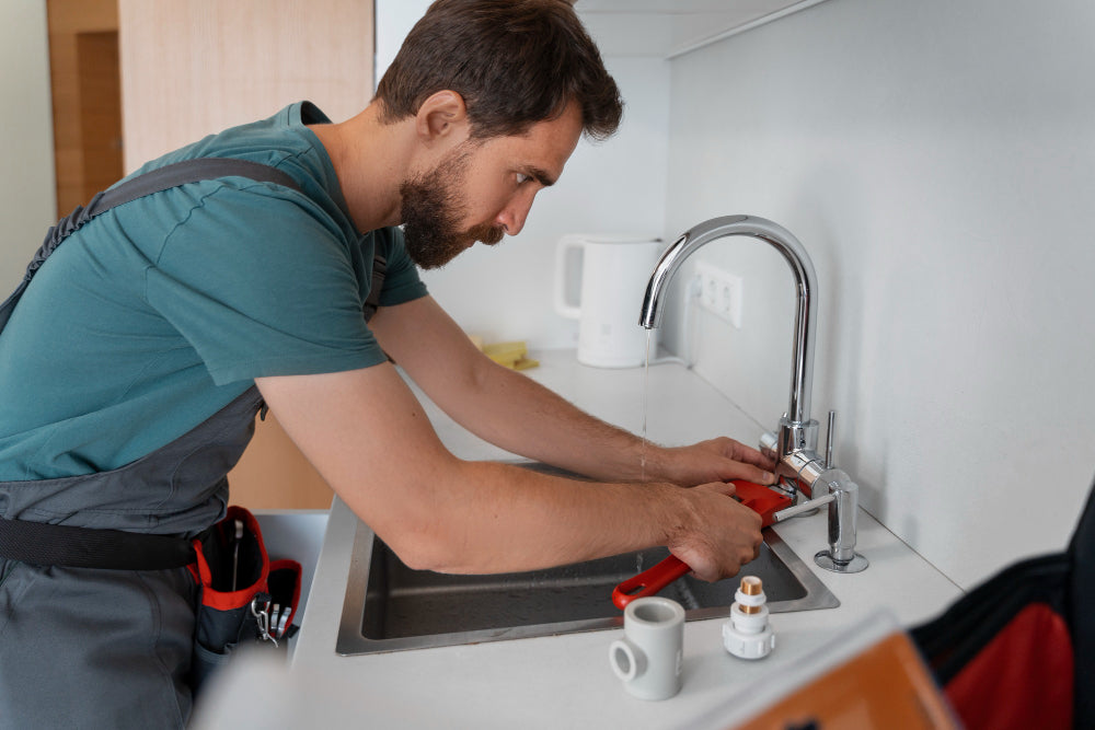 “Person installing a new stainless steel kitchen sink into a countertop cutout, aligning plumbing and sealing edges with silicone.”
