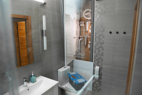 “Before and after of a bathroom transformation featuring an outdated toilet replaced with a sleek, modern smart toilet.”