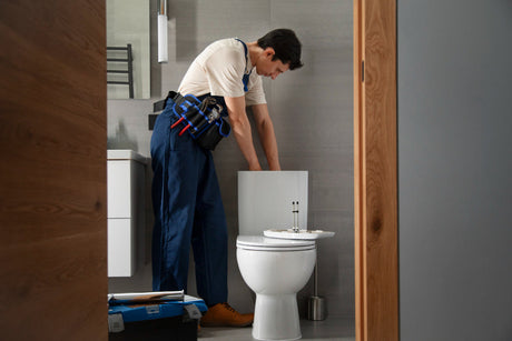 “Person using a plunger to unclog a toilet, creating suction to remove the blockage in a standard bathroom setting.”