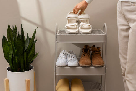 "Collection of eight modern shoe storage ideas for 2025, featuring rotating racks, pull-out drawers, wall-mounted units, and smart space-saving designs."