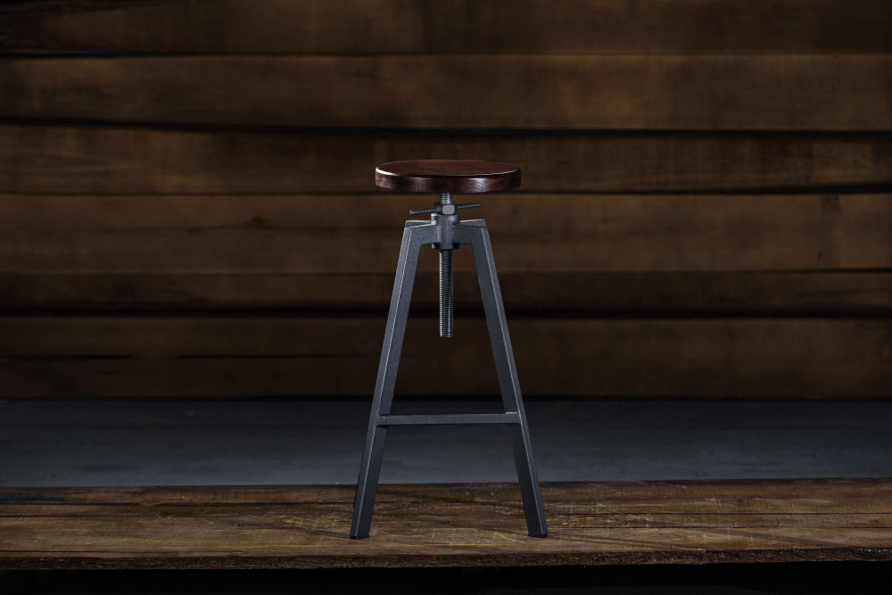 “Lineup of bar stools in different heights—counter, standard bar, and extra-tall—shown with matching table and counter surfaces.”