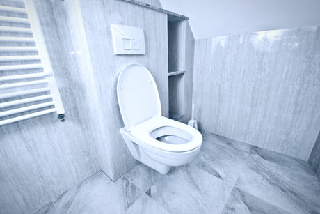 “Modern bathroom featuring a comfortable, ergonomically designed toilet with soft-close lid and sleek aesthetics.”