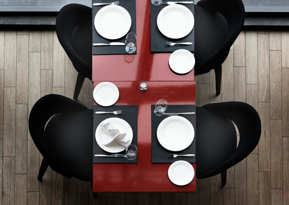 "Five-piece and seven-piece dining sets side by side, illustrating seating capacity and space considerations."
