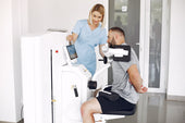 "Sleek AI-powered massage chair with touchscreen controls, offering personalized massage programs based on user preferences and body scan data."