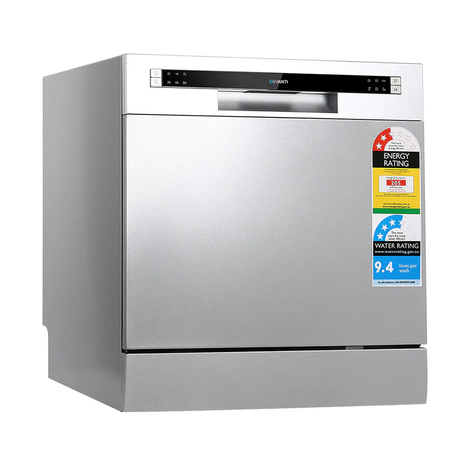 “Open dishwasher with dishes neatly arranged—plates in the bottom rack, cups and bowls on the top rack, and cutlery in the basket—demonstrating ideal loading for thorough cleaning.”