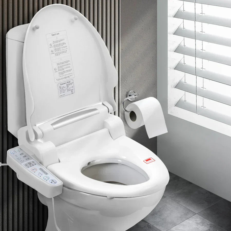“Sleek water-saving smart toilets with modern features like touchless flush and bidet functions in a contemporary bathroom.”