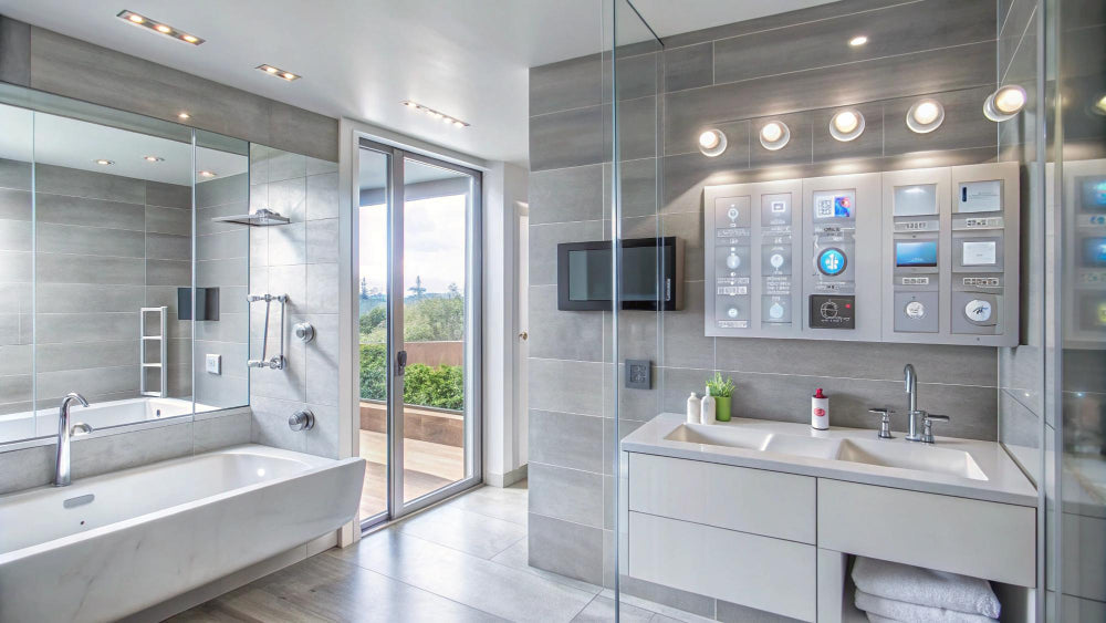 "A stylish modern bathroom showcasing different vanity unit materials including wood, marble, and ceramic countertops, highlighting design variety and material options."