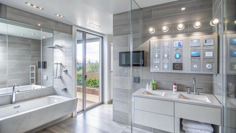"A stylish modern bathroom showcasing different vanity unit materials including wood, marble, and ceramic countertops, highlighting design variety and material options."