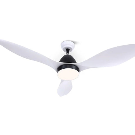 “Modern DC ceiling fan with sleek blades, known for energy efficiency, quiet motor, and remote control operation.”