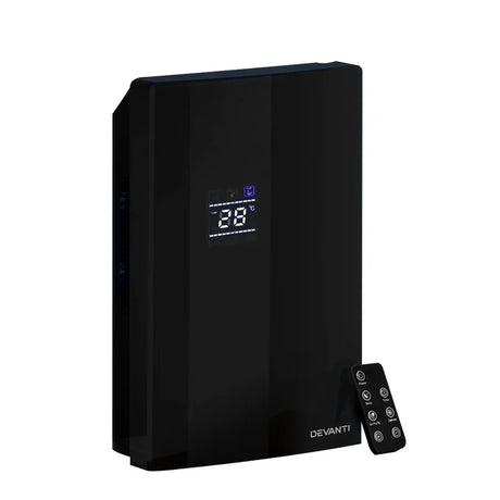 "Dehumidifier operating in a room, with digital humidity display visible, illustrating that while it removes moisture from the air, it does not lower the room’s temperature."