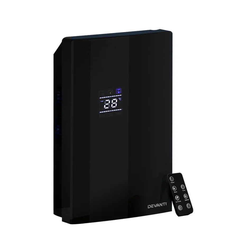 "Dehumidifier operating in a room, with digital humidity display visible, illustrating that while it removes moisture from the air, it does not lower the room’s temperature."