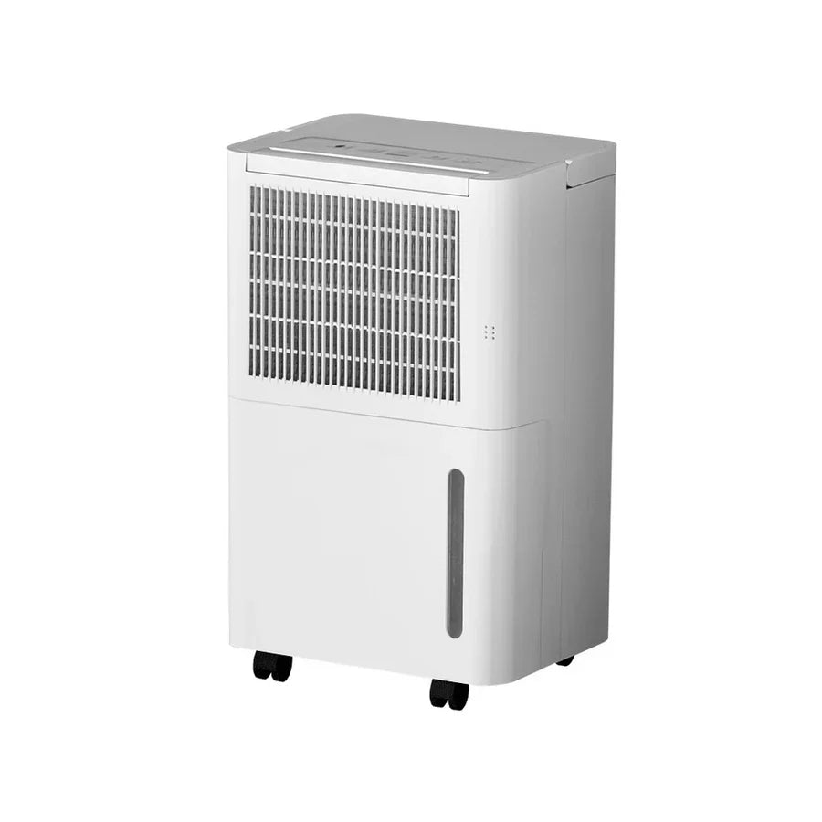 "Illustration of a dehumidifier in a home setting, with icons representing reduced allergens, mold, and dust, highlighting the health benefits of cleaner, drier air."
