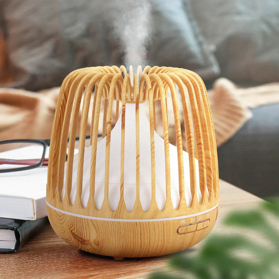 "Humidifier releasing visible mist into a room, with icons or symbols showing relief from dry skin, allergies, and respiratory discomfort, illustrating how the device adds moisture to indoor air."