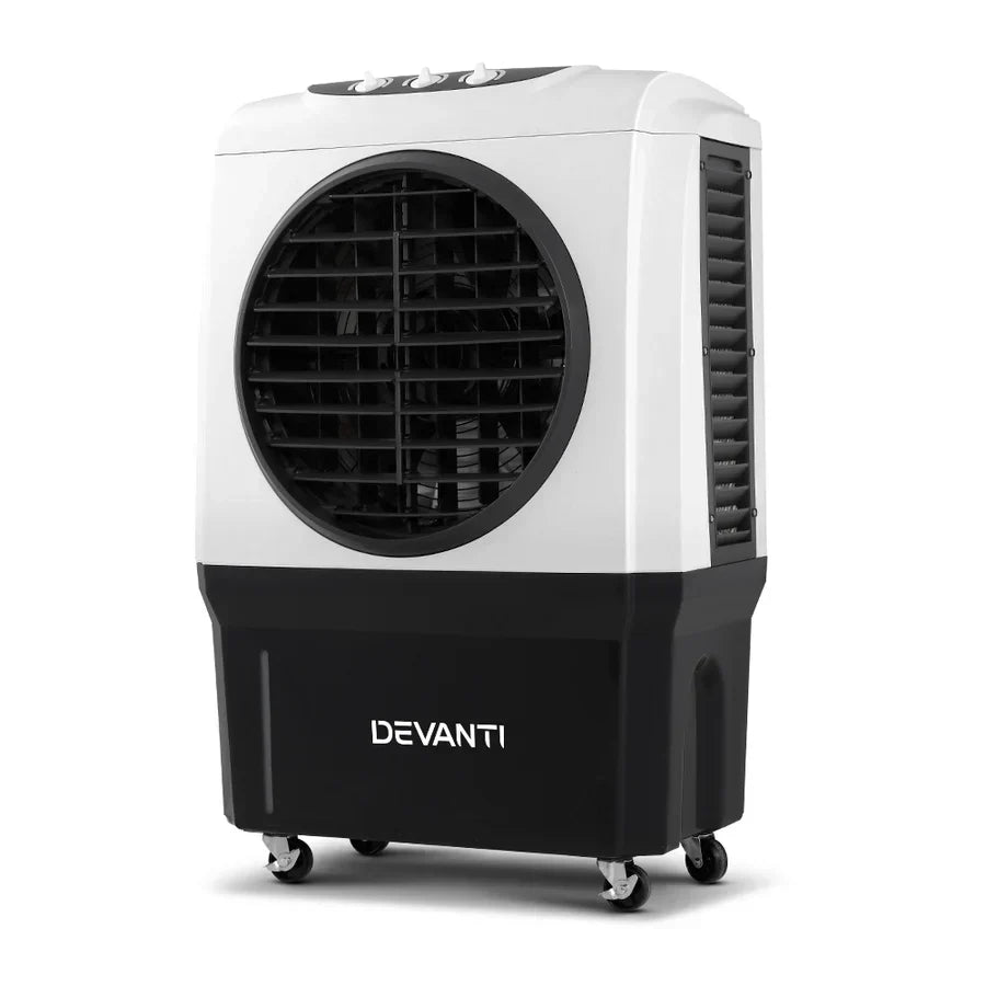 “Modern evaporative cooler in a living room setting, designed to provide energy-efficient cooling in dry climates using water evaporation.”