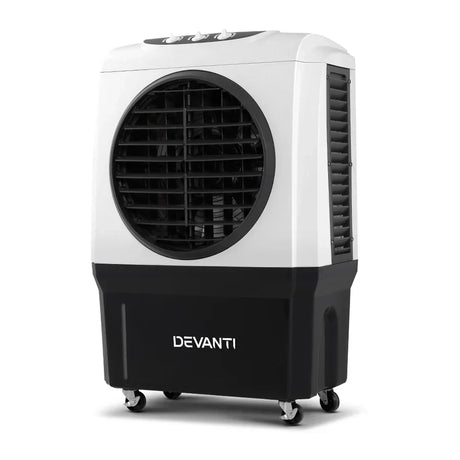 “Modern evaporative cooler in a living room setting, designed to provide energy-efficient cooling in dry climates using water evaporation.”