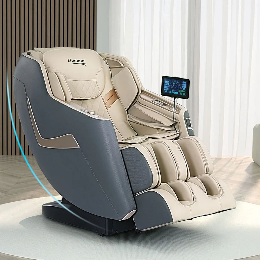 “Modern massage chair in use, showing full-body recline and roller mechanisms designed to relieve muscle tension and improve circulation.”