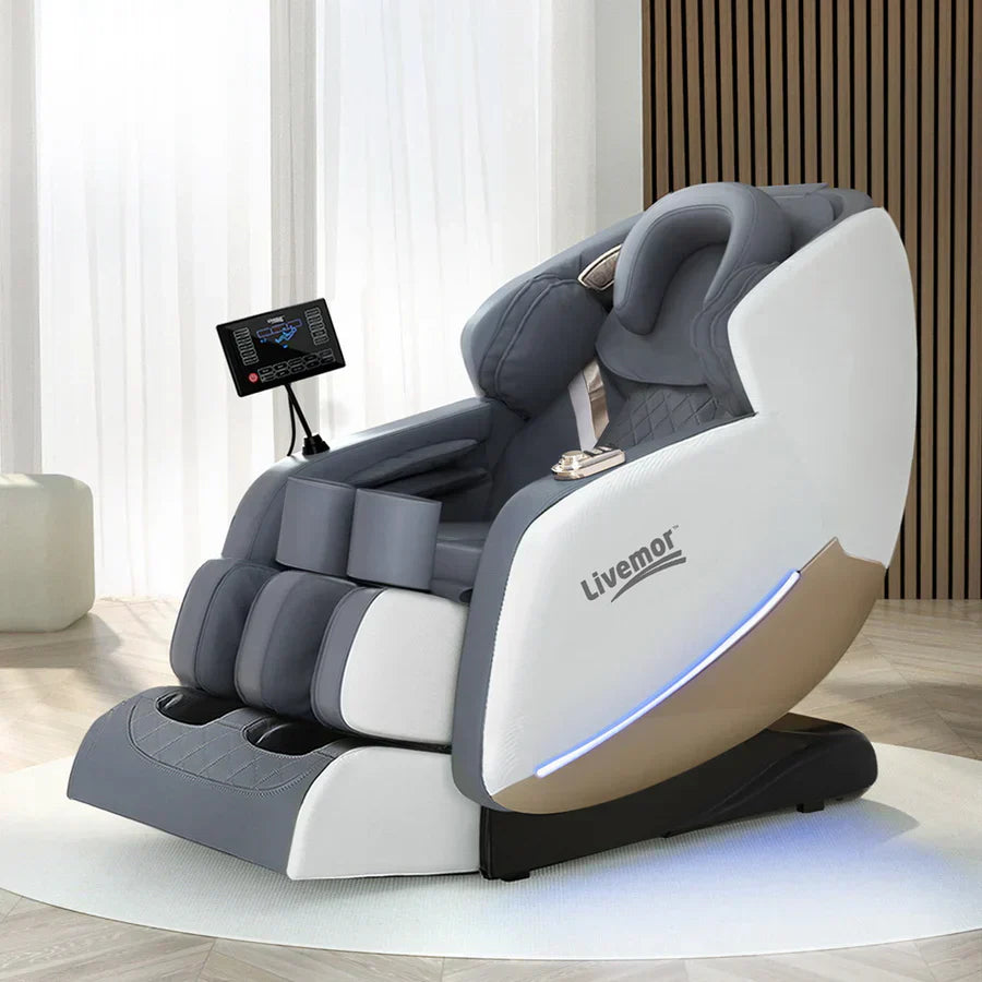 "Person relaxing in a massage chair at home, emphasizing the physical and mental wellness benefits of daily use."