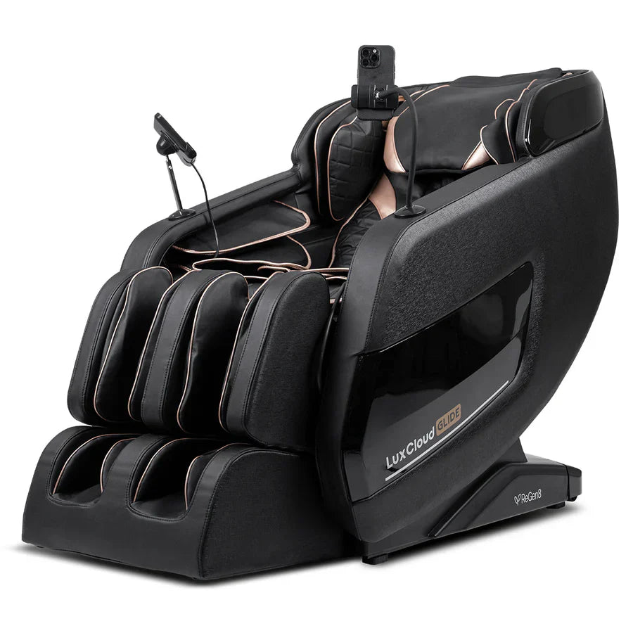 "Side-by-side diagram of S-Track and L-Track massage chairs, illustrating differences in roller path and targeted muscle relief areas."