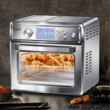 "Modern air fryer models with touchscreens, dual compartments, and smart cooking features displayed on a kitchen counter."