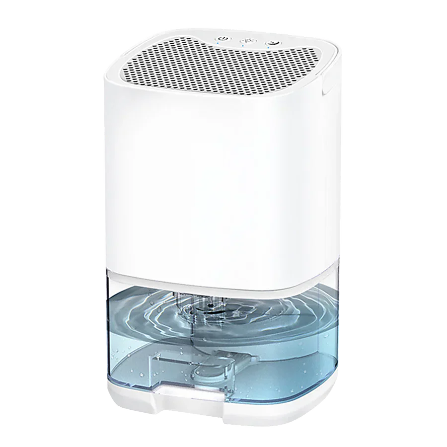 "Illustration showing a dehumidifier in use with controls and water collection tank visible."