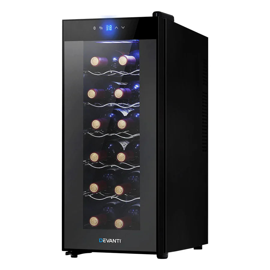 “Modern wine fridge with dual temperature zones and UV-protected glass door, designed to preserve wine quality by maintaining optimal storage conditions.”