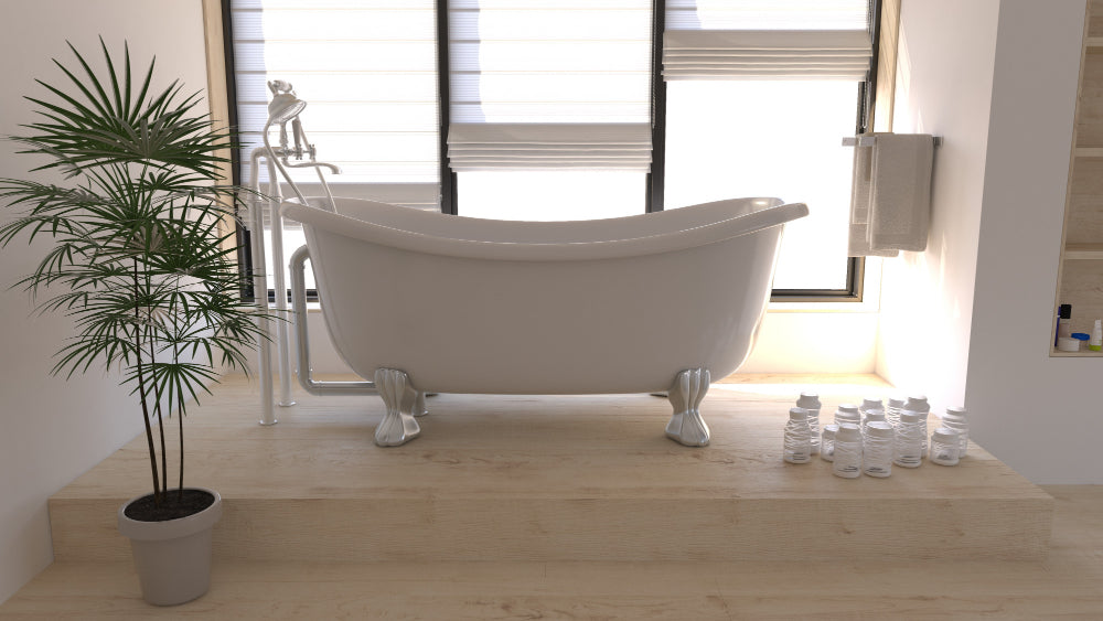 "Bathtubs in different materials and sizes on display, showing key features like jets and ergonomic designs."