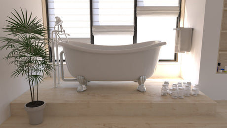 "Bathtubs in different materials and sizes on display, showing key features like jets and ergonomic designs."