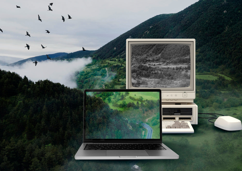 "Lineup of monitors showing the evolution from bulky CRTs to slim, curved 4K displays, highlighting changes in design and technology over time."