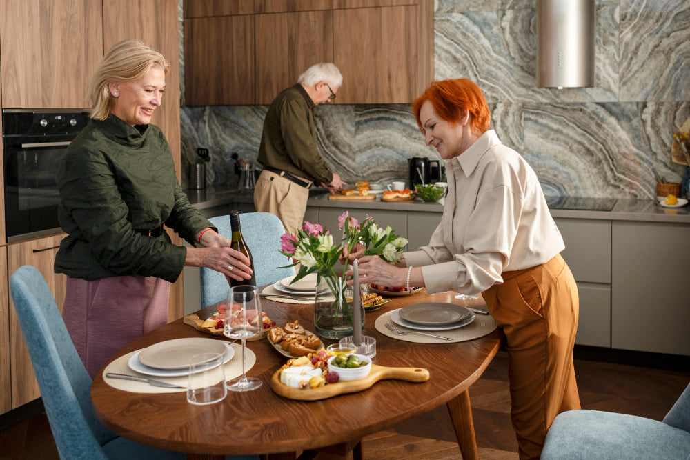 "Well-crafted dining table and chairs in a showroom, emphasizing build quality, materials, and timeless design."