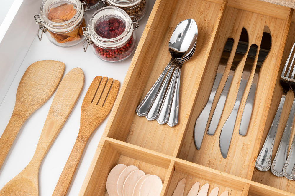 "Stylish kitchen trolleys in wood and metal, showcasing both elegant design and practical storage features like shelves, drawers, and wheels."