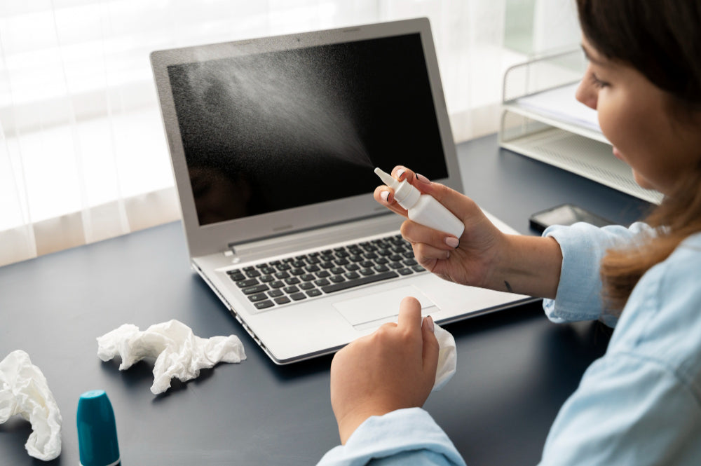 "Hands cleaning a laptop keyboard and screen with microfiber cloth and safe cleaning tools, demonstrating proper laptop maintenance."
