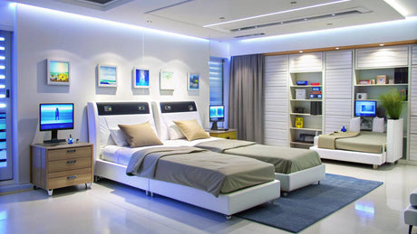 "Modern king size mattress featuring advanced comfort technologies like zoned support, cooling layers, and smart sleep tracking, set in a contemporary bedroom."