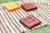 "Stylish outdoor rug on a patio with seating and plants, adding comfort, color, and definition to the exterior living space."