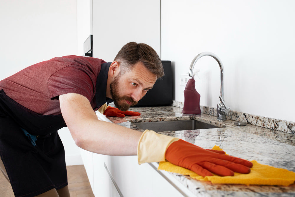  "Close-up of a person wiping a sink with a soft cloth, demonstrating care techniques to avoid stains and scratches."
